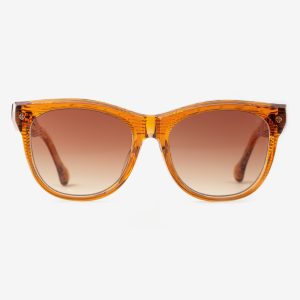 Luxury Japanese eyewear – Mila Terra Dorada sunglasses, acetate in Terra Dorada, Amber Meld lenses, 18ct Rosegold plating, Filter Category 2, front view.