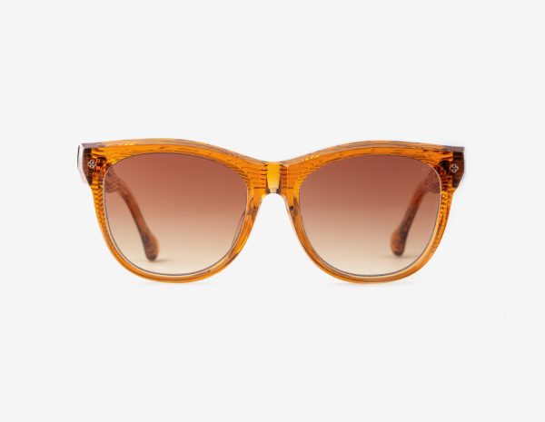 Luxury Japanese eyewear – Mila Terra Dorada sunglasses, acetate in Terra Dorada, Amber Meld lenses, 18ct Rosegold plating, Filter Category 2, front view.