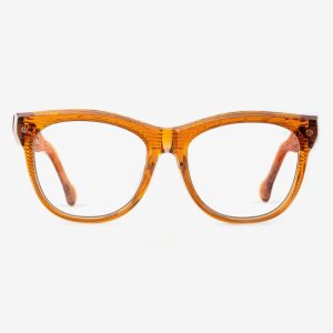 Luxury Japanese eyewear – Mila Terra Dorada optical frame (RX), acetate in Terra Dorada, 18ct Rosegold plating, front view.