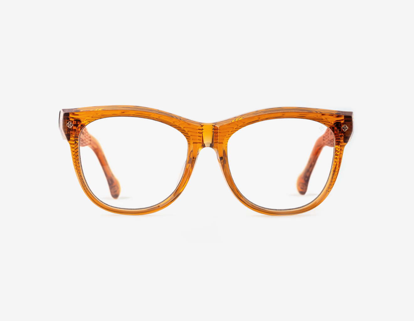 Luxury Japanese eyewear – Mila Terra Dorada optical frame (RX), acetate in Terra Dorada, 18ct Rosegold plating, front view.