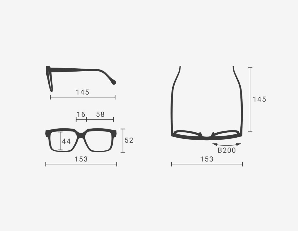 Luxury Japanese eyewear – Tres Dragons sunglasses size chart showing all frame dimensions, informational view.
