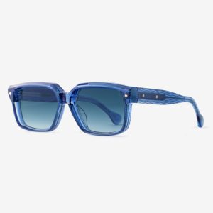 Luxury Japanese eyewear – Tres Dragons Denim Drift sunglasses, acetate in Denim Drift, Deep Sea Fusion lenses with Platinum Plating, left side view