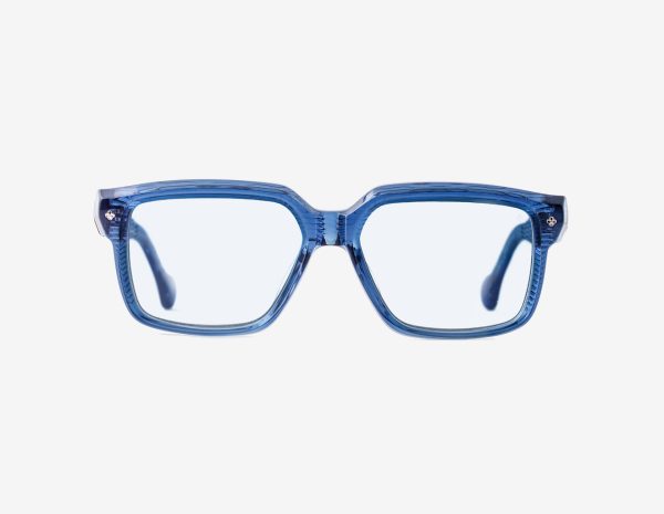 limited edition luxury japanese acetate optical frames – Tres Dragons Denim Drift optical frame, acetate in Denim Drift, demo optical lenses (no filter category), Platinum plating, front view.