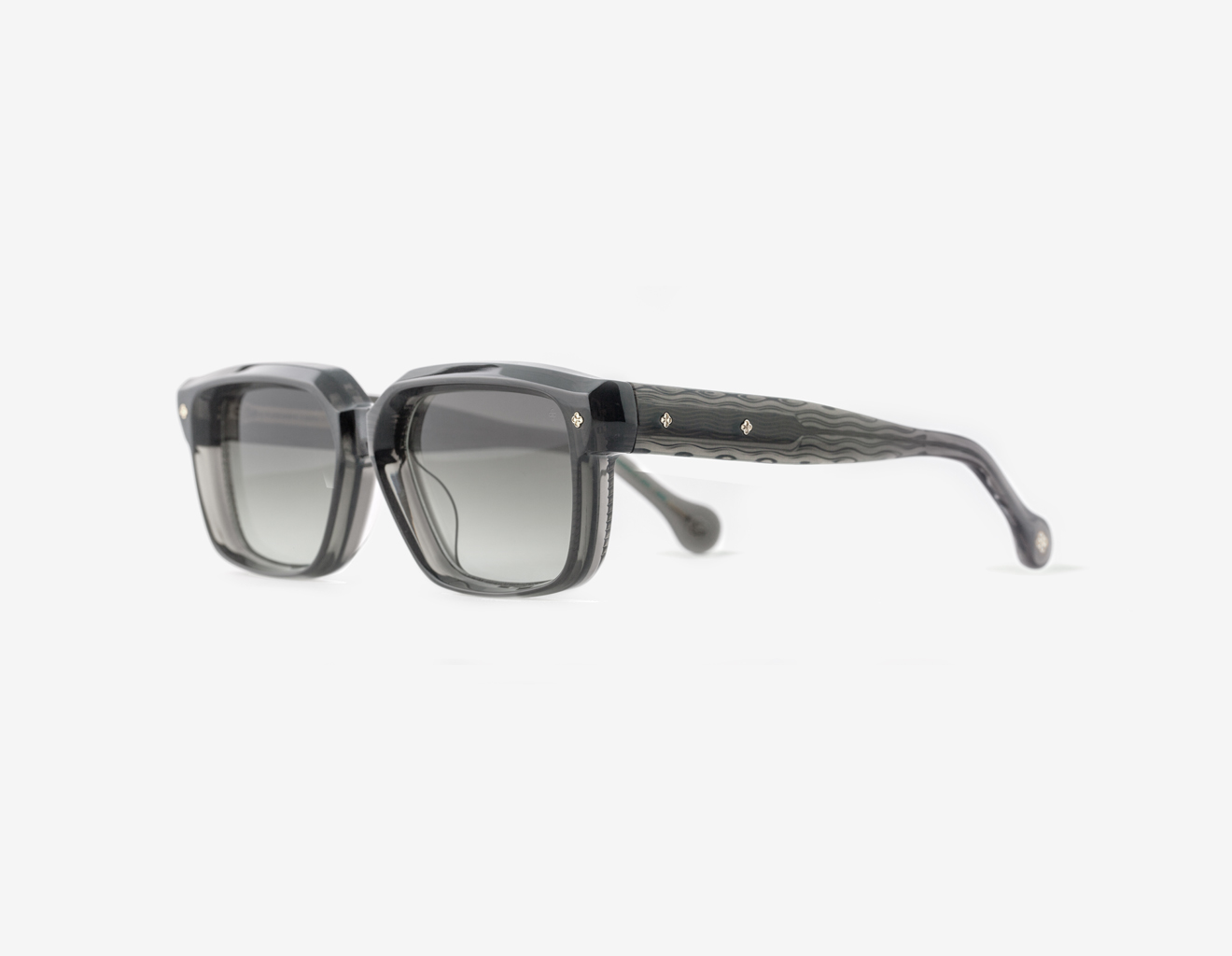 Luxury Japanese eyewear – Tres Dragons Glacial Mirage sunglasses, acetate in Glacial Mirage, Concrete Fade lenses, Platinum plating, Filter Category 1, left side view