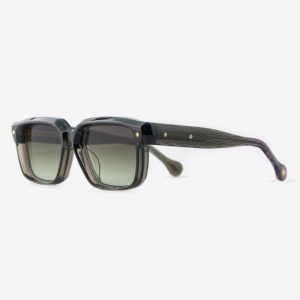 Luxury Japanese eyewear – Tres Dragons Slate Fusion sunglasses, acetate in Slate Fusion, Foliage Shade lenses with 18K Gold coating, left side view