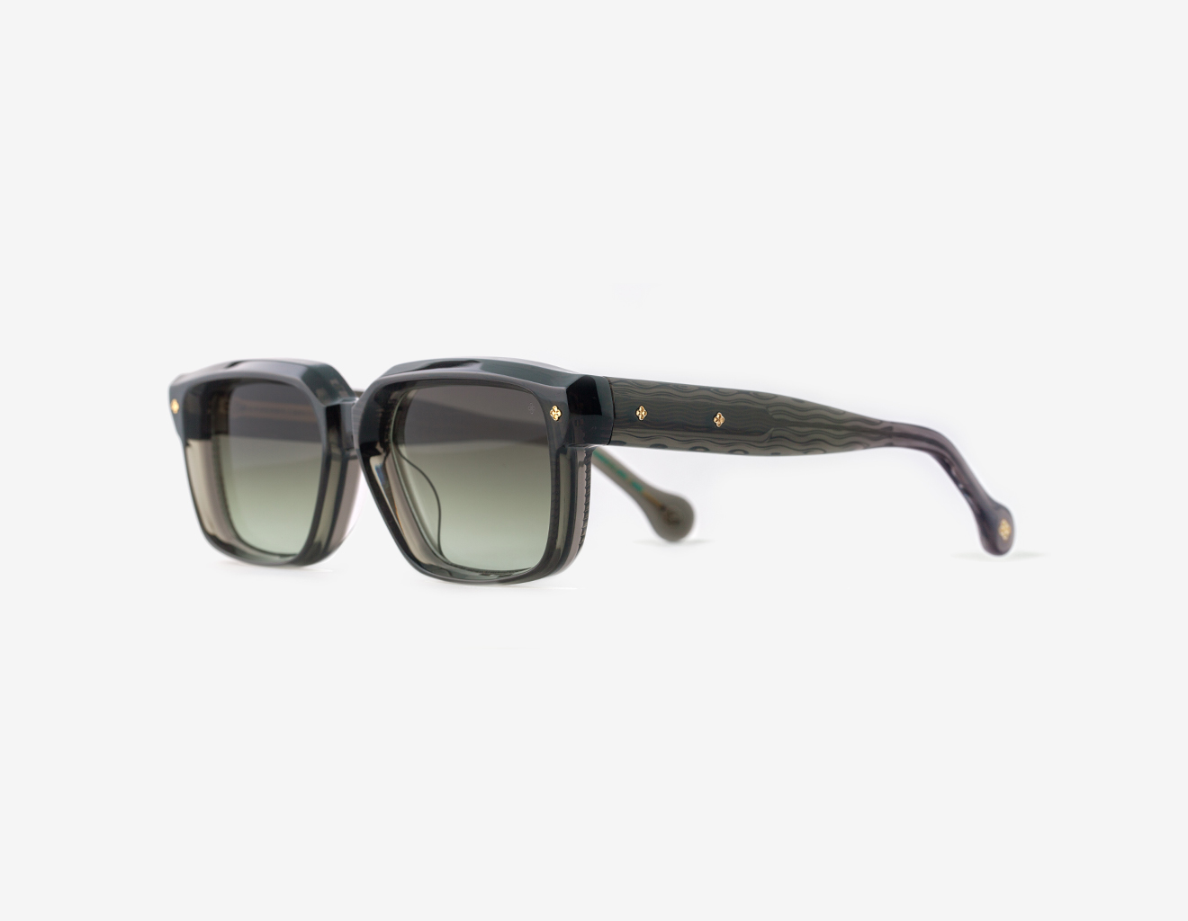 Luxury Japanese eyewear – Tres Dragons Slate Fusion sunglasses, acetate in Slate Fusion, Foliage Shade lenses with 18K Gold coating, left side view