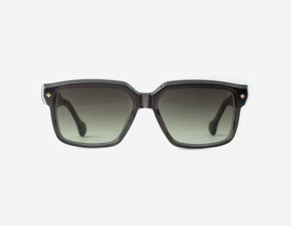 Luxury Japanese eyewear – Tres Dragons Slate Fusion sunglasses, acetate in Slate Fusion, Foliage Shade lenses with 18K Gold coating, front view