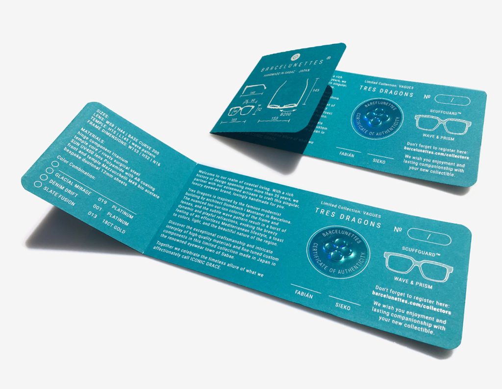 Luxury Japanese eyewear – Tres Dragons model authenticity certificate, Barcelunettes official product documentation.