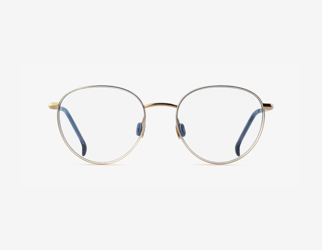 Japanese titanium round optical frame – Gadolin optical clear demo lenses optical, titanium in 18k Gold, acetate in Midnight Indigo