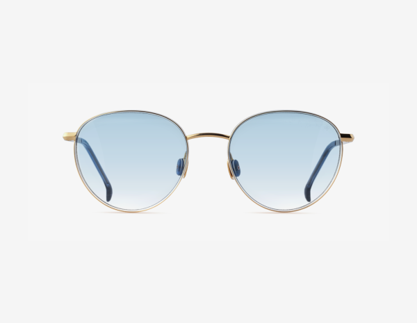 Japanese titanium round red carpet eyewear – Gadolin Nordic Sky F1 lenses red carpet, titanium in 18k Gold, acetate in Midnight Indigo