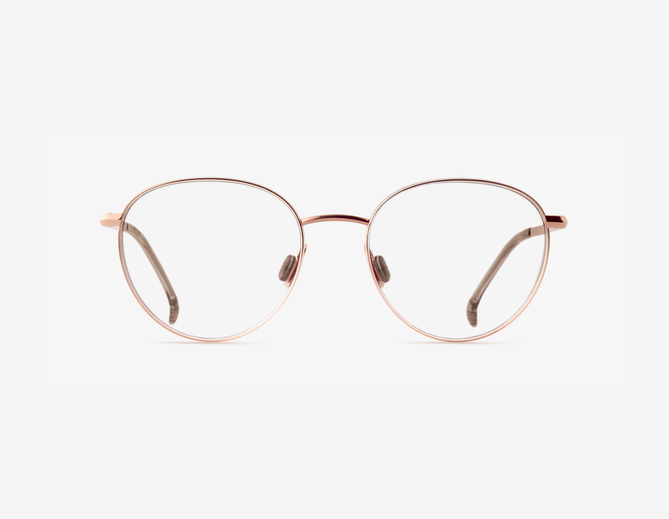 Luxury Japanese eyewear – Gadolin optical clear demo lenses optical, titanium in 18k Rose Gold, acetate in Muted Mocca