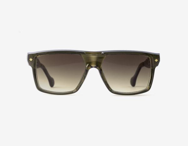 Luxury Japanese eyewear – Ganduxer Mossy Aura sunglasses, acetate in Mossy Aura, Espresso Blend lenses, 18K Gold coating, Filter Category 3, front view
