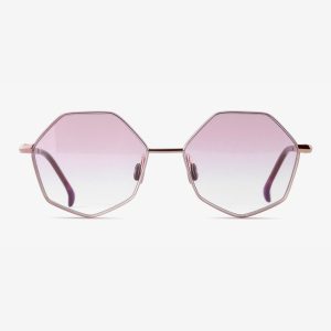 Designer titanium geometric butterfly red carpet eyewear Palla in 18k Rose Gold with Ruby Glow lenses and Currant Essence acetate.