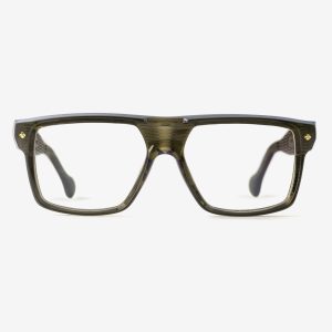 Luxury Japanese eyewear – Ganduxer Mossy Aura optical frame, acetate in Mossy Aura, demo optical lenses, 18K Gold coating, front view