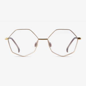 PALLA-BISCOTTY BEIGE-G-FRONT-WEBSHOP-clear Japanese titanium geometric optical frame Palla in 18k Gold with clear demo lenses and Biscotty Beige acetate.