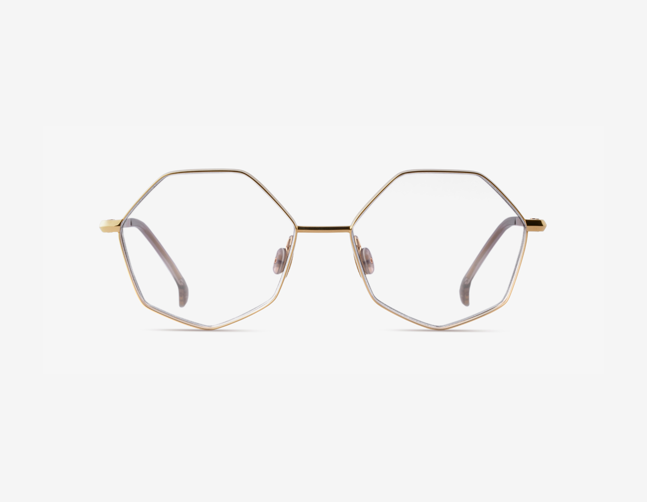 PALLA-BISCOTTY BEIGE-G-FRONT-WEBSHOP-clear Japanese titanium geometric optical frame Palla in 18k Gold with clear demo lenses and Biscotty Beige acetate.