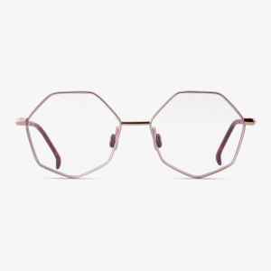 Japanese titanium geometric optical frame - Palla in 18k Rose Gold with clear demo lenses and Currant Essence acetate.