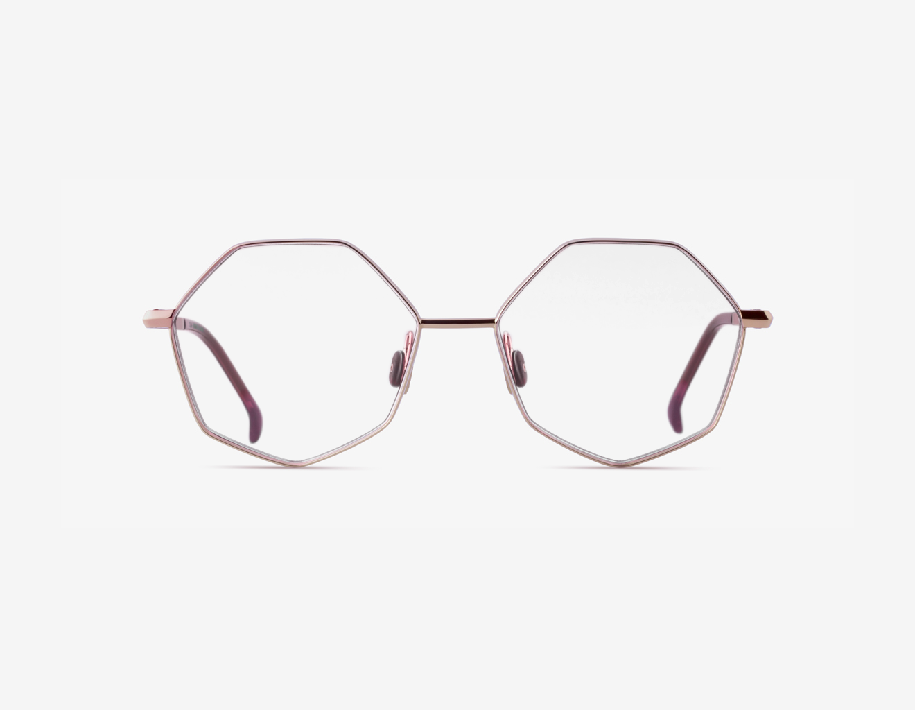 PALLA-CURRANT ESSENCE-RG-FRONT-WEBSHOP-clear Japanese titanium geometric optical frame - Palla in 18k Rose Gold with clear demo lenses and Currant Essence acetate.