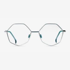 PALLA-EMERALD SEA-PT-FRONT-WEBSHOP-clear Designer titanium geometric optical frame Palla in Platinum with clear demo lenses and Emerald Sea acetate.