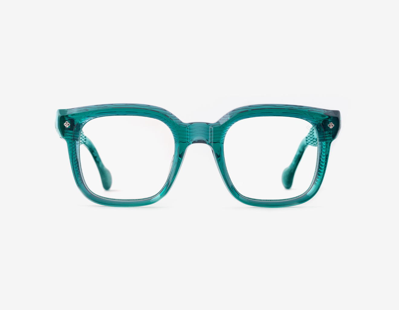 Luxury Japanese eyewear – Quijano Malachite Abyss optical frame, acetate in Malachite Abyss, demo optical lenses, Platinum plating, front view Luxury Japanese eyewear – Quijano Malachite Abyss optical frame, acetate in Malachite Abyss, demo optical lenses, Platinum plating, front view