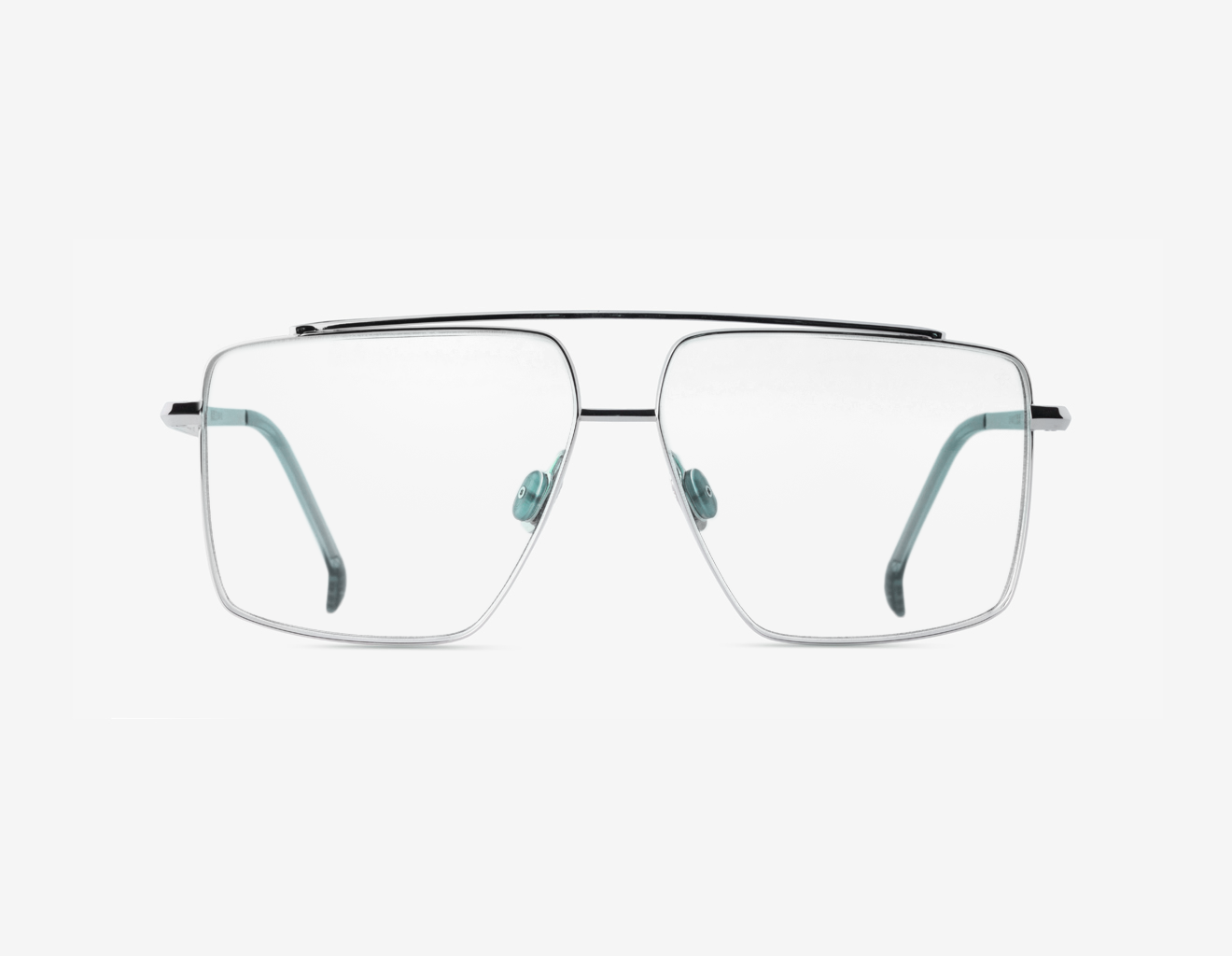 Luxury Japanese titanium optical frame – Tellur front view, Palladium with clear demo lenses and Emerald Sea acetate