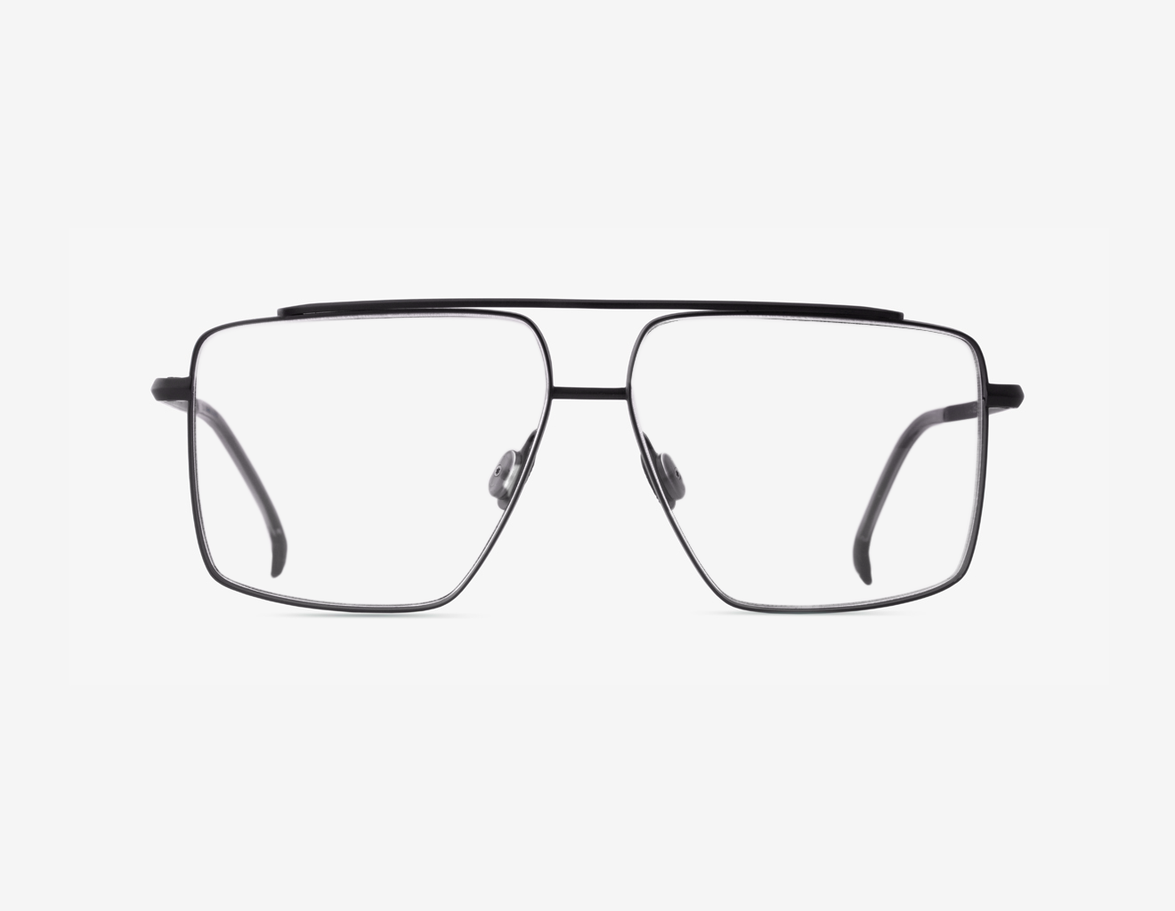 Japanese titanium aviator optical frame – Tellur front view, Basalt with clear demo lenses and Polar Gray acetate