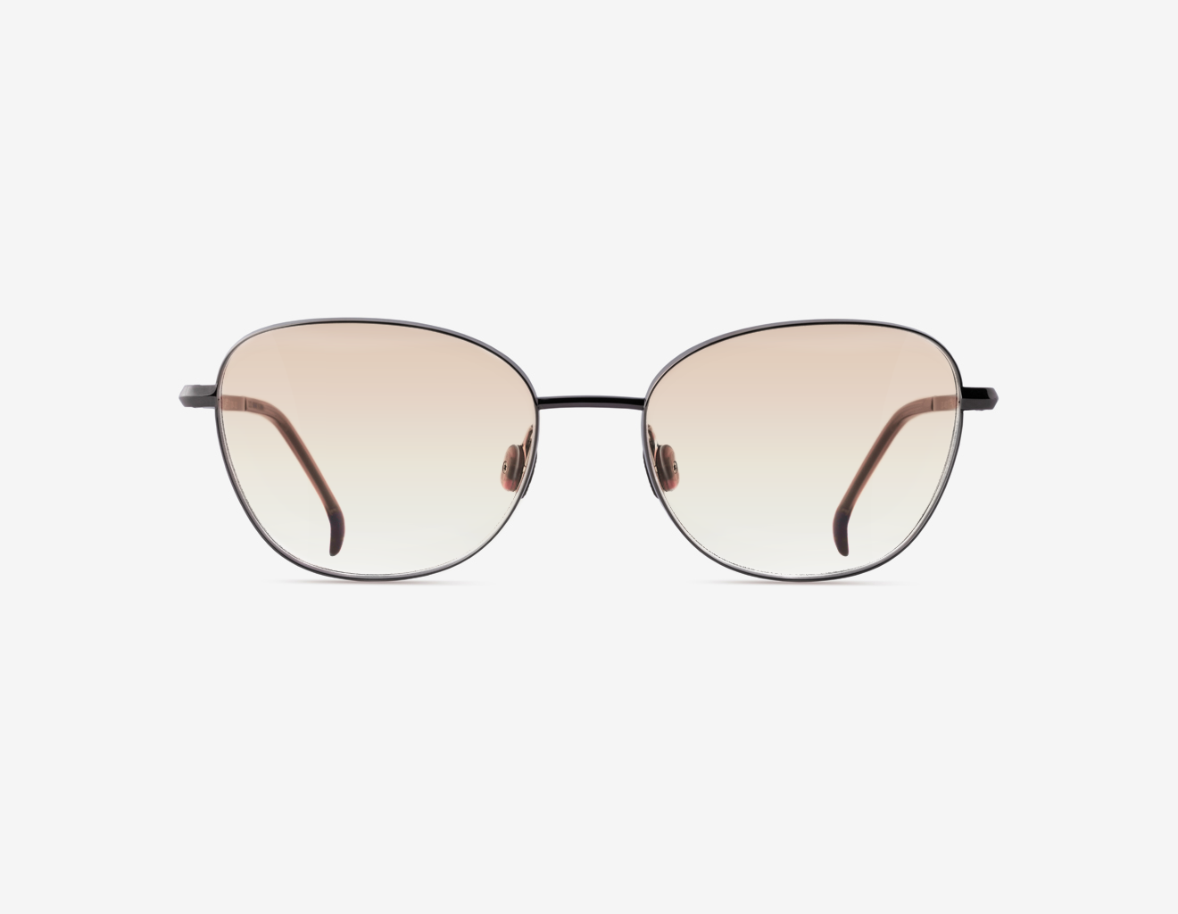 Luxury Japanese eyewear – Tennessa Hematite red carpet frame, acetate in Muted Mocca, polyamide Golden Dusk tinted lenses