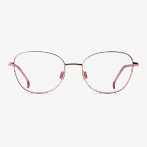 Japanese titanium optical framer – Tennessa 18k Rose Gold frame, acetate in Roseberry Whisper, clear demo lenses