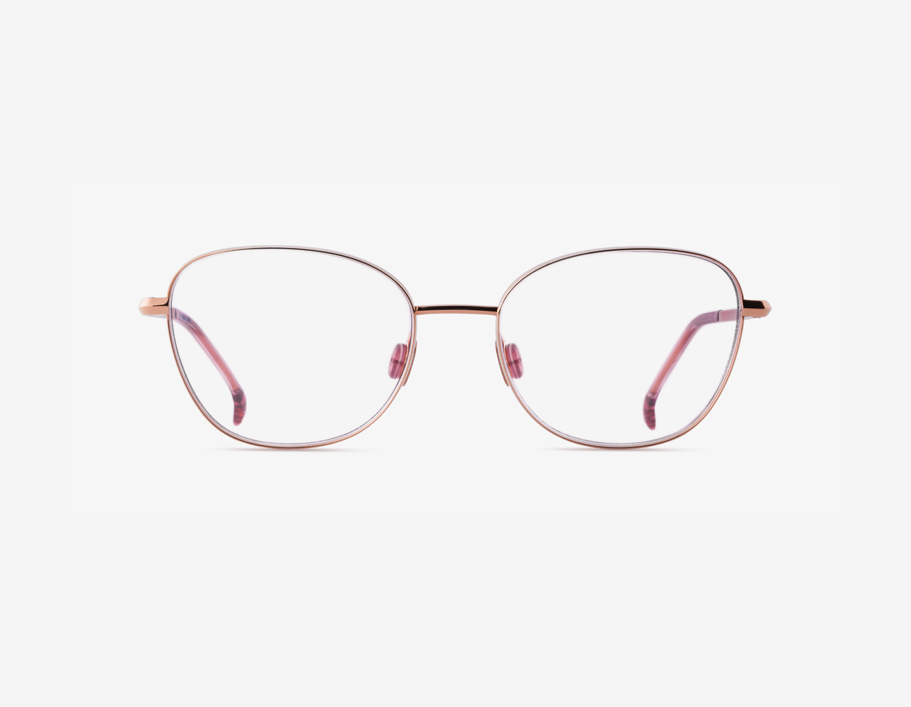 Japanese titanium optical framer – Tennessa 18k Rose Gold frame, acetate in Roseberry Whisper, clear demo lenses
