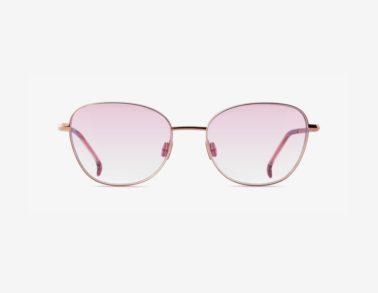 luxury red carpet eyewear – Tennessa 18k Rose Gold red carpet frame, acetate in Roseberry Whisper, polyamide Ruby Glow tinted lenses