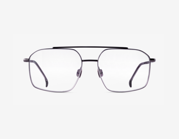 Japanese titanium aviator optical frame – Tellur front view, Basalt with clear demo lenses and Polar Gray acetate