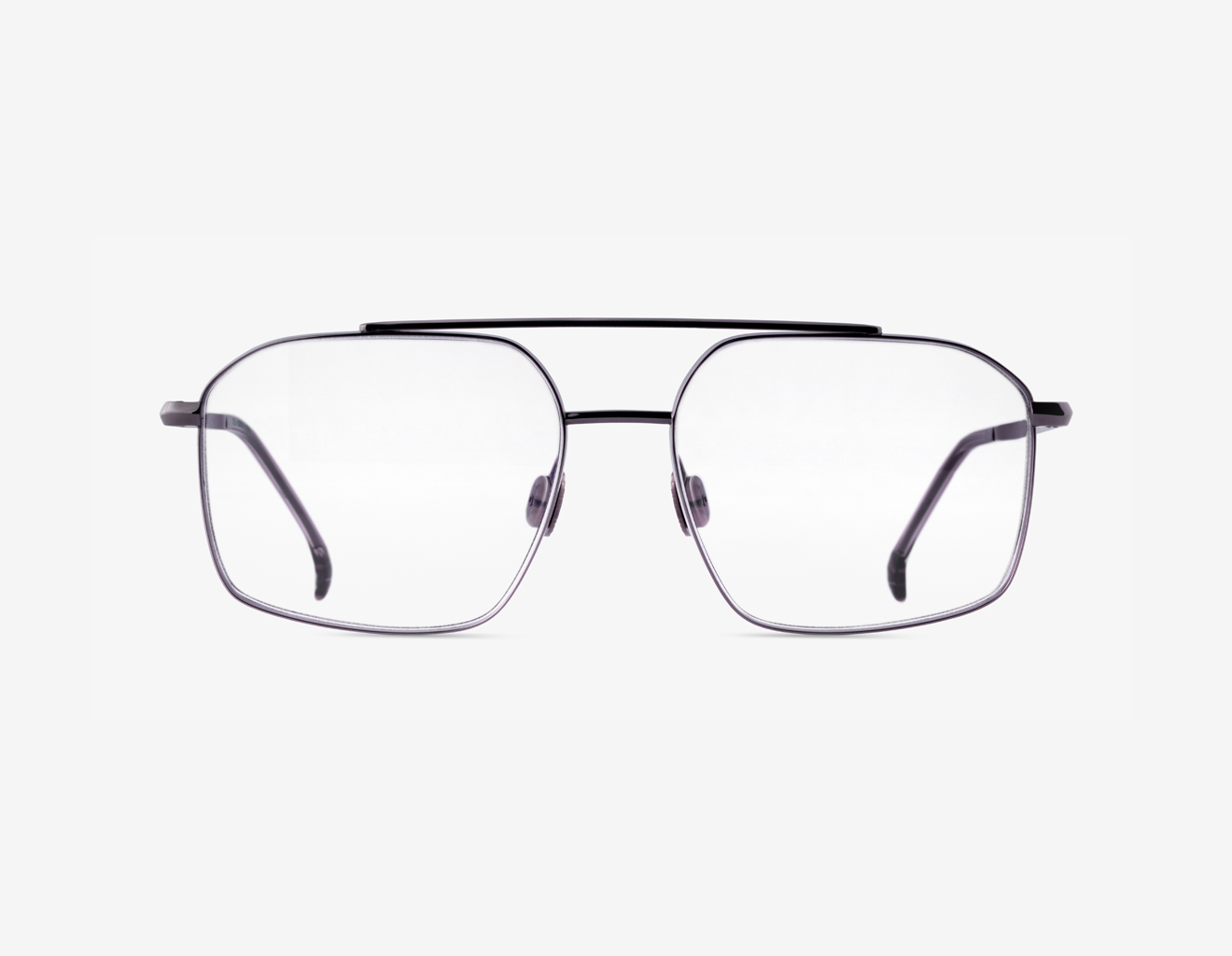 TOMER-CONCRETE SERENITY-HEM-FRONT-WEBSHOP CLEAR Japanese titanium aviator optical frame – Tellur front view, Basalt with clear demo lenses and Polar Gray acetate
