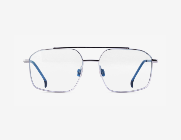 Luxury Japanese titanium optical frame – Tellur front view, Palladium with clear demo lenses and Emerald Sea acetate