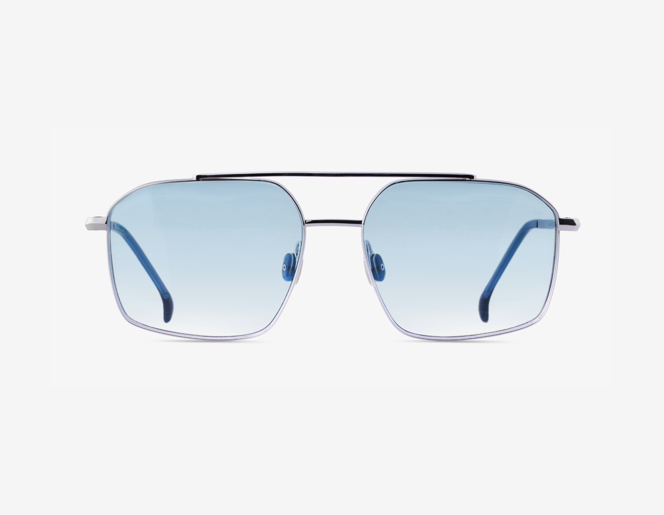 Luxury Japanese titanium red carpet eyewear – Tellur front view, Palladium with Nordic Sky tinted lenses and Midnight Indigo acetate