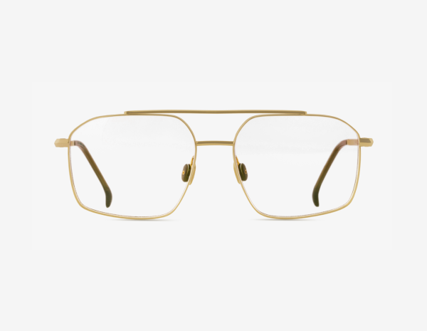 Luxury Japanese titanium optical frame – Tellur front view, 18k Gold with clear demo lenses and Rugged Bark acetate