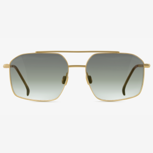 Luxury Japanese titanium sunglasses – Tellur front view, 18k Gold with Foliage Shade lenses and Rugged Bark acetate