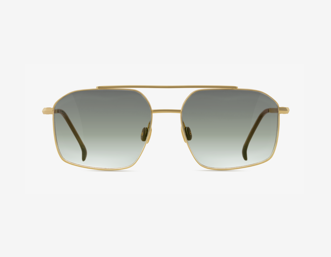 Luxury Japanese titanium sunglasses – Tellur front view, 18k Gold with Foliage Shade lenses and Rugged Bark acetate