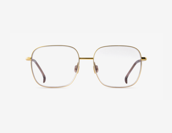 Luxury Japanese optical eyewear – Daphnia women’s frame, 18K gold Biscotti Beige acetate with clear demo lenses, handcrafted designer glasses.