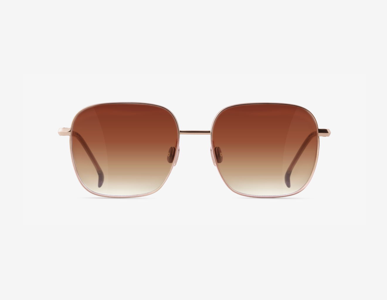 Japanese titanium butterfly sunglasses – Daphnia women’s frame, 18K rose gold with Muted Mocca acetate and Amber Meld lens, red carpet ready sunglasses.