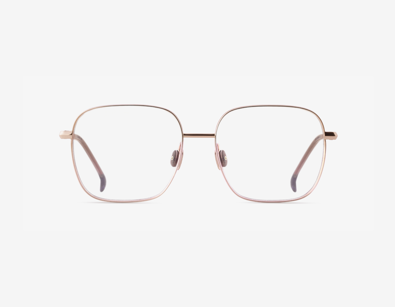 Japanese titanium butterfly optical frame – Daphnia women’s frame, 18K rose gold Muted Mocca acetate with clear demo lenses, handcrafted eyewear.
