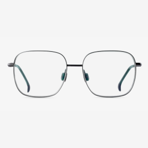 Luxury Japanese optical eyewear – Daphnia Hematite titanium frame, Dusky Rosemary acetate with clear demo lenses, designer handcrafted frame.