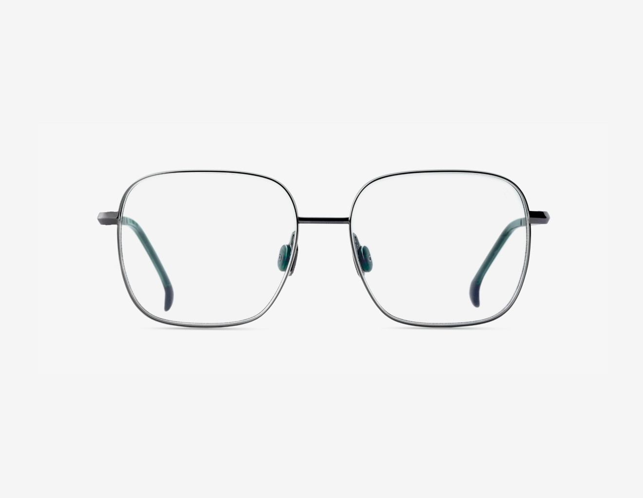 Luxury Japanese optical eyewear – Daphnia Hematite titanium frame, Dusky Rosemary acetate with clear demo lenses, designer handcrafted frame.