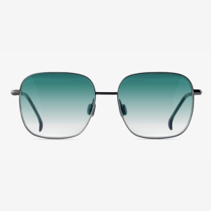 Japanese titanium butterfly sunglasses – Daphnia Hematite titanium frame, Dusky Rosemary acetate with Emerald Shift lens, limited edition handcrafted eyewear.