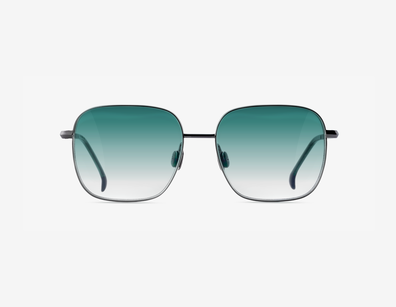 Japanese titanium butterfly sunglasses – Daphnia Hematite titanium frame, Dusky Rosemary acetate with Emerald Shift lens, limited edition handcrafted eyewear.